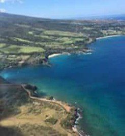 Aerial view of a coastal area with clear blue water and green fields.