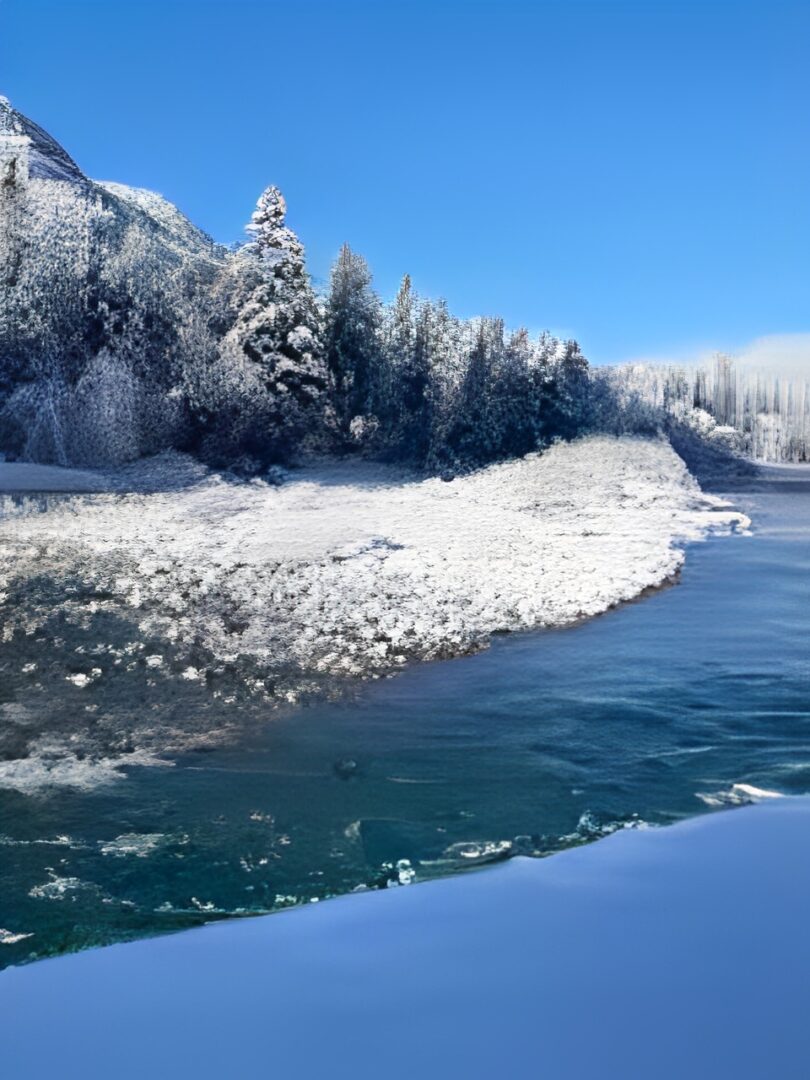 A snowy riverbank with partially frozen water and frosted trees.
