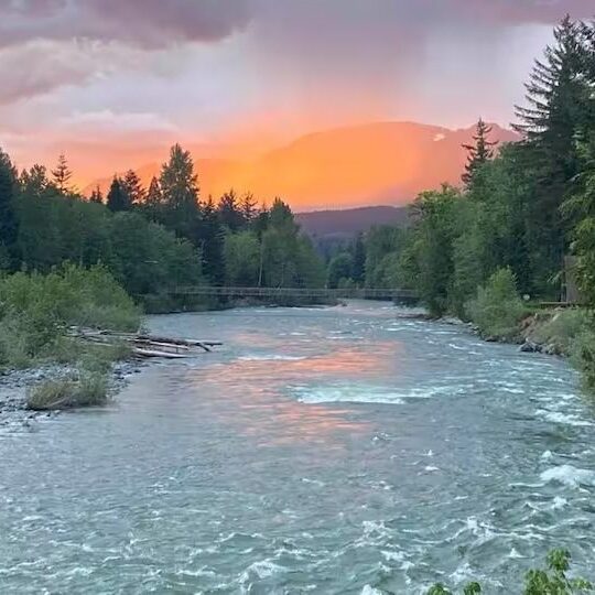 A serene river flowing through a forest at sunset with colorful skies.